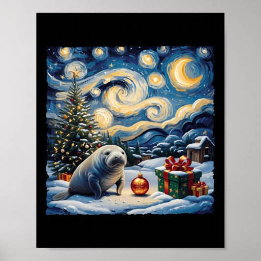 Manatee Van Gogh Style Sterrennacht Christmas Wint Poster (Voorkant)