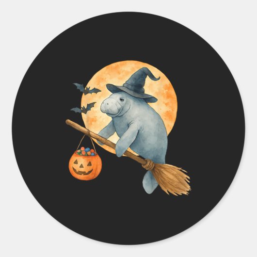 Manatee Witch Pet Pompoen Halloween Kostuum Mannen Ronde Sticker (Voorkant)