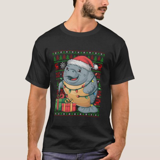 Manatee Xmas Lights Ugly Santa Hat Manatee Kerstmi T-shirt (Voorkant)