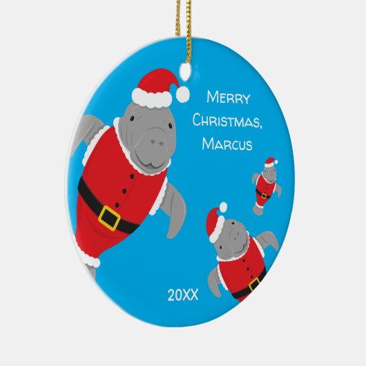 Manateeg in Santa Outfits Merry kerstnaam Keramisch Ornament (Rechts)