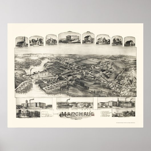 Manchaug, MA Panoramic Map - 1891 Poster (Voorkant)