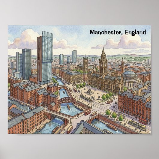 Manchester Engeland Aquarel Illustratie Poster (Voorkant)