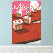 Manchester, Engeland, cartoon reisposter Canvas Afdruk (Insitu (Houten vloer))