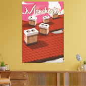 Manchester, Engeland, cartoon reisposter Canvas Afdruk (Insitu (Woonkamer))