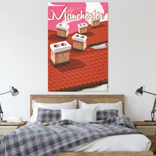 Manchester, Engeland, cartoon reisposter Canvas Afdruk (Insitu (Slaapkamer))