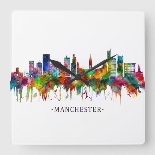 Manchester England Skyline Vierkante Klok (Voorkant)