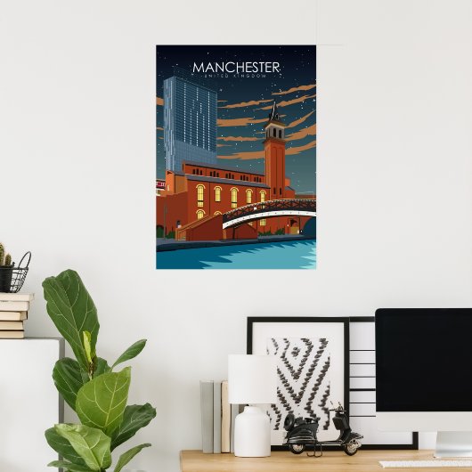 Manchester  Minimale Retro Travel Poster (Thuiskantoor)