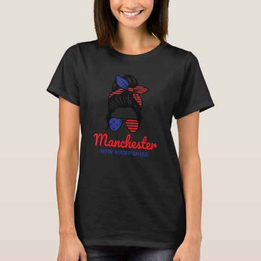 Manchester New Hampshire Retro Messy Bun T-shirt (Voorkant)
