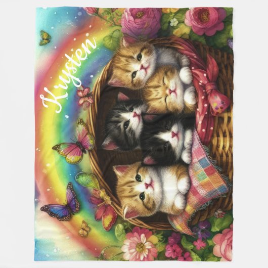 Mand Kittens Regenboog Rozen Vlinders Naam Fleece Deken (Voorkant)
