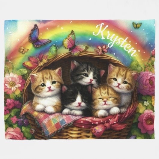 Mand Kittens Regenboog Rozen Vlinders Naam Fleece Deken (Voorkant (Horizontaal))