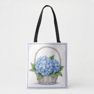 Mand met blauwe hortensia's tote bag