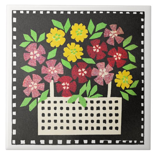 Mand met bloemen, rood en geel, tegeltje (Voorkant)