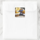 Mand met croissants en chocoladebroden. vierkante sticker (Tas)