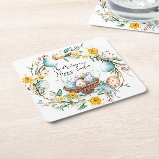 Mand met eieren en bloemenpaas kartonnen onderzetters (Schuin)