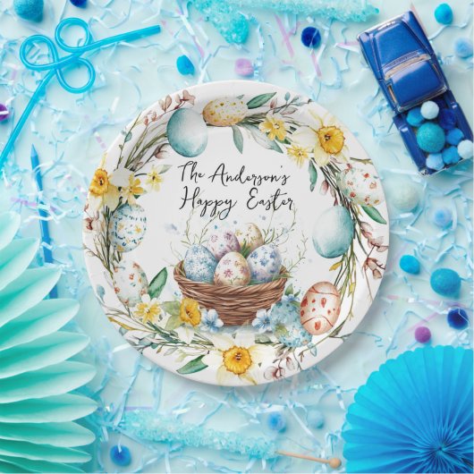 Mand met eieren en bloemenpaas papieren bordje (Feest)