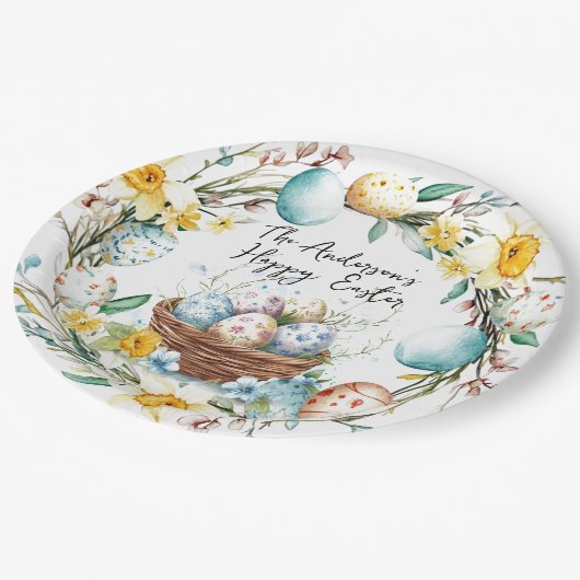 Mand met eieren en bloemenpaas papieren bordje (Gekanteld)