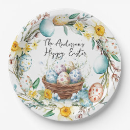 Mand met eieren en bloemenpaas papieren bordje