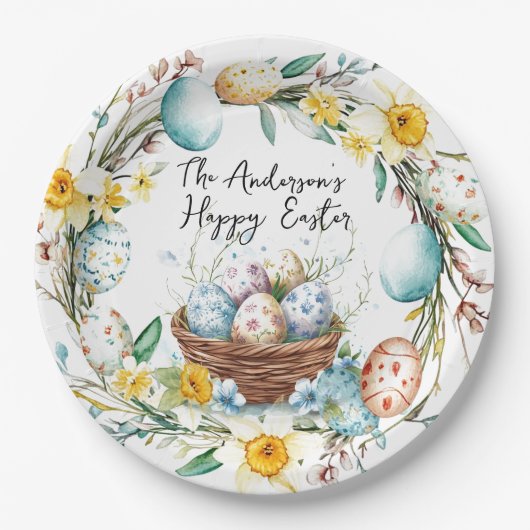 Mand met eieren en bloemenpaas papieren bordje (Voorkant)