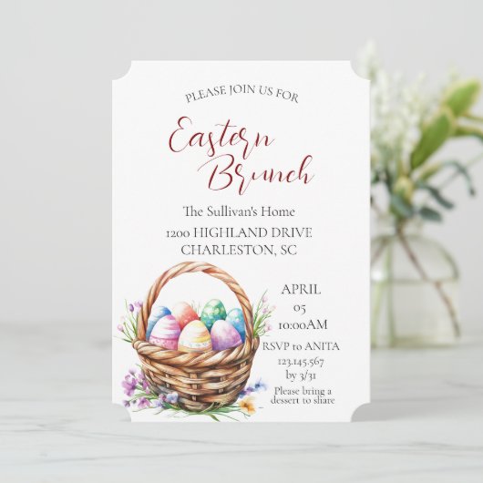 Mand met eieren en paasbrunch kaart (Staand voorkant)