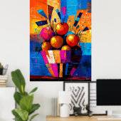 Mand van appels in levendig kubistisch stilleven poster (Thuiskantoor)