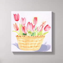 Mand van tulpen | Bloemen Waterverf schilderij Canvas Afdruk