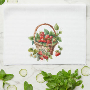 Mand van verse aardbeien theedoek
