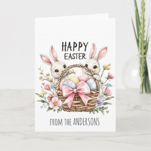 Mand vol met eieren en twee konijnen feestdagen kaart (Voorkant)