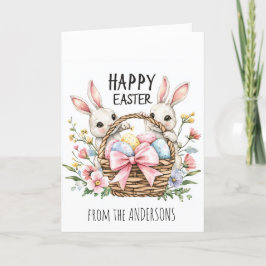 Mand vol met eieren en twee konijnen feestdagen kaart