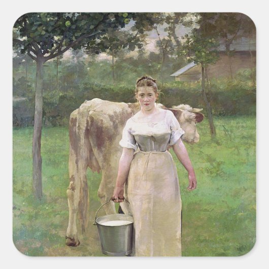Manda Lametrie, The Boerderij Maid, 1887 Vierkante Sticker (Voorkant)