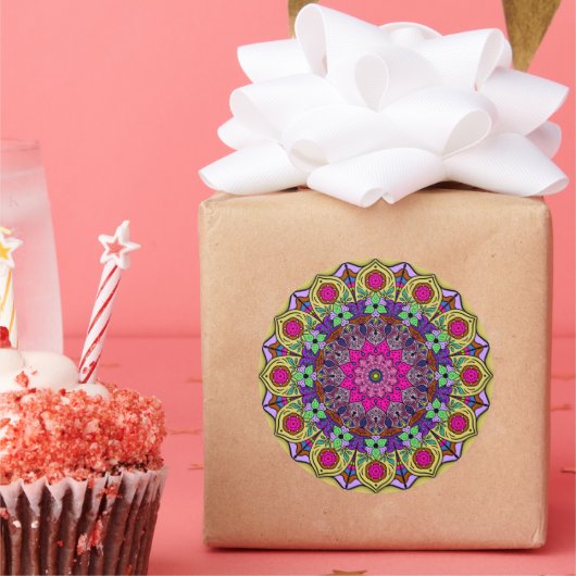 Mandala 12-2 PinkFlower - Ronde Sticker (Feest)