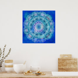 Mandala 12 Blauw Blauwgroen op blauwe achtergrond Poster