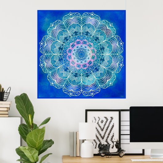 Mandala 12 Blauw Blauwgroen op blauwe achtergrond  Poster (Thuiskantoor)