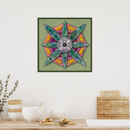 Mandala 8 groene bloemblaadjes op olijfgroene Post Poster