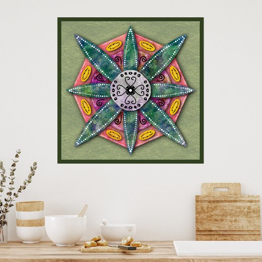 Mandala 8 groene bloempbladen op Poster (Keuken)