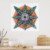 Mandala 8 groene ventilatorbladen op rood poster (Keuken)
