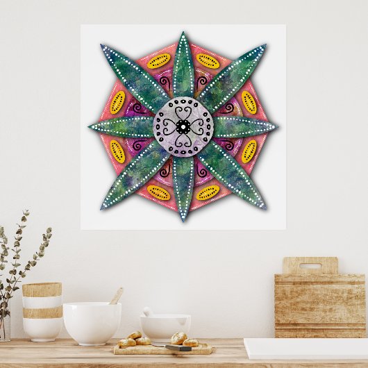 Mandala 8 groene ventilatorbladen op rood poster (Keuken)