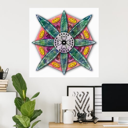 Mandala 8 groene ventilatorbladen op rood poster (Thuiskantoor)