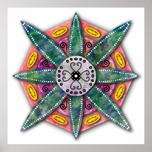 Mandala 8 groene ventilatorbladen op rood poster (Voorkant)