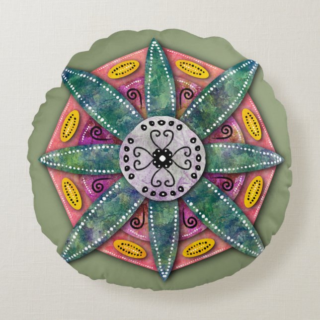 Mandala 8 groene ventilatorbladen op rood rond kussen (Voorkant)