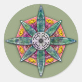 Mandala 8 groene ventilatorbladen op rood ronde sticker (Voorkant)