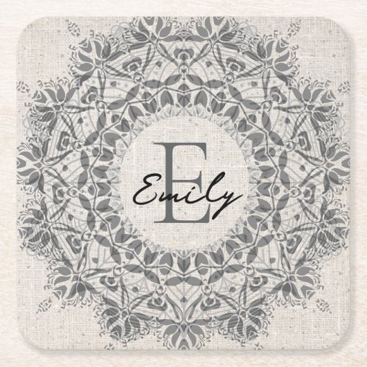 Mandala Aangepaste naam Monogram Monochroom Lichtg Kartonnen Onderzetters (Voorkant)