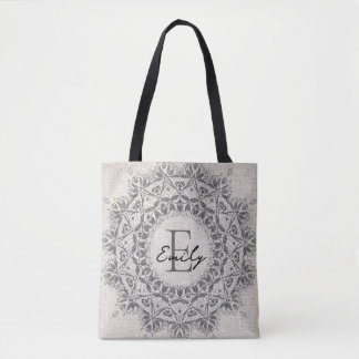 Mandala Aangepaste naam Monogram Monochroom Lichtg Tote Bag