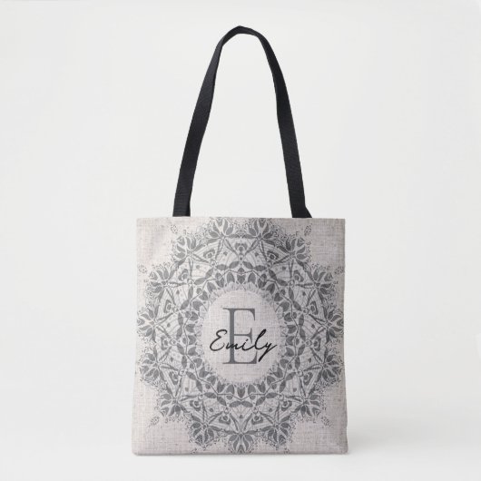 Mandala Aangepaste naam Monogram Monochroom Lichtg Tote Bag (Voorkant)