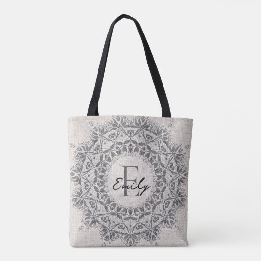 Mandala Aangepaste naam Monogram Monochroom Lichtg Tote Bag (Achterkant)