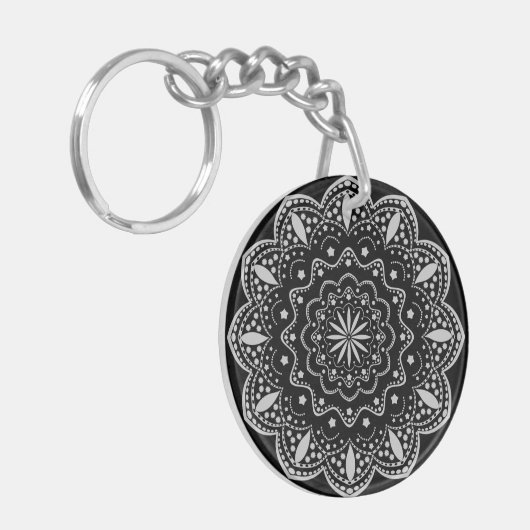 Mandala acryl Sleutelhanger | Zwart en grijs (Voorkant Links)