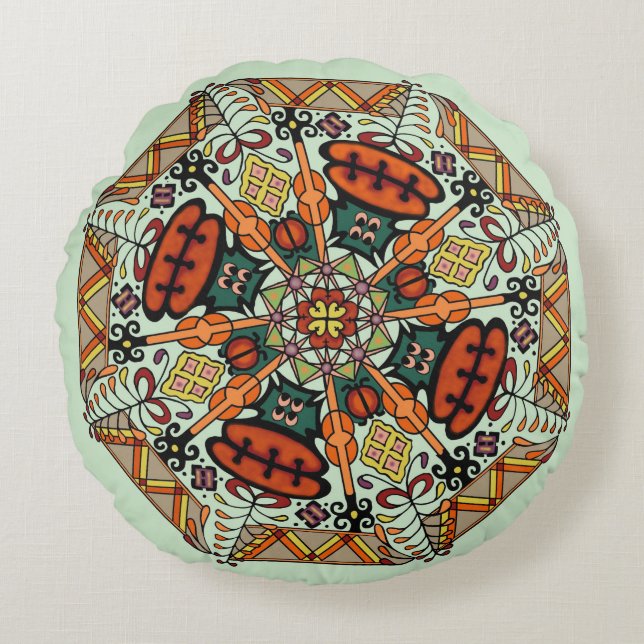 Mandala Adinkra Floor Pillow-kussen - Lt Green Rond Kussen (Voorkant)