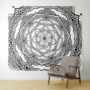 Mandala Art Boho Chic Elegant Black White Trippy Wandkleed