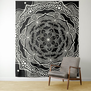Mandala Art Boho Chic Elegant Black White Trippy Wandkleed