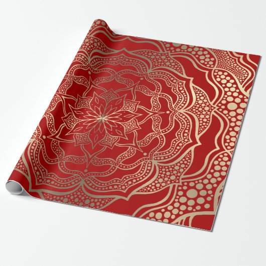 Mandala Art Boho Chic Elegant Gold Red Kerstmis Cadeaupapier (Uitgerold)