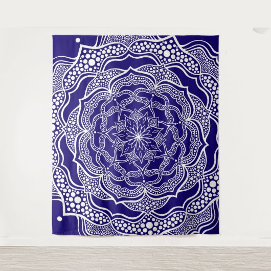 Mandala Art Boho Chic Elegant Navy Blue Trippy Wandkleed (Voorkant)